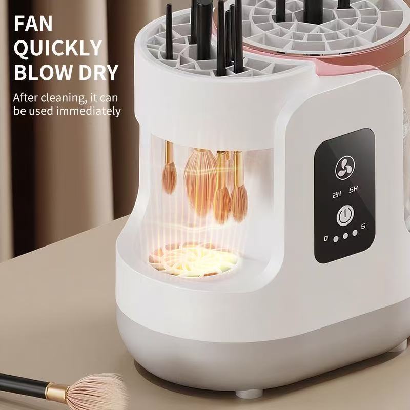 White hair dryer with brush and text on a neutral background