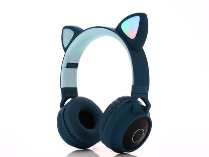 Bluetooth 5.0 Wireless Stereo Headphones - Blue headphones with cat ear design on a white background