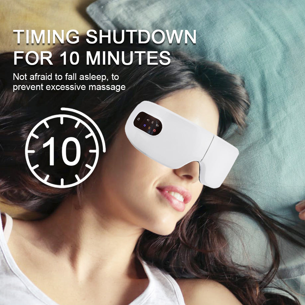 Eye Masks.
Woman wearing a white eye mask with text indicating a 10-minute timer for massage therapy.