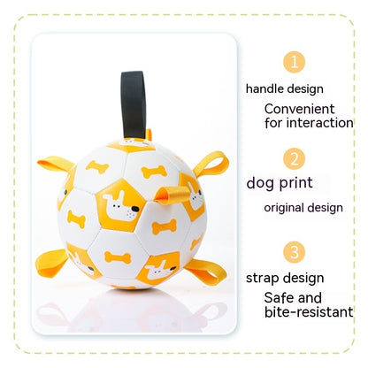 Dog toy with handle and strap design on a white background