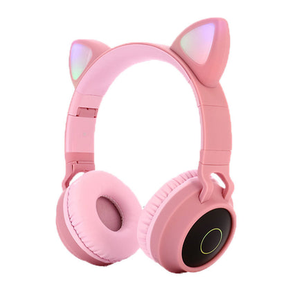 Bluetooth 5.0 Wireless Stereo Headphones - Pink headphones with cat ear design on a white background