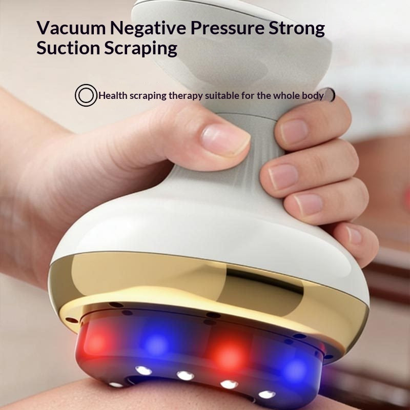 Handheld device with gold and white design, held over skin, with text about vacuum negative pressure therapy.