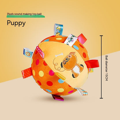 Colorful plush toy ball with a dog design on a beige background