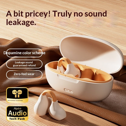 Ear Clip Bluetooth Wireless Headphones - Wireless earbuds with a charging case on a wooden surface, featuring text about sound leakage and refund policy.