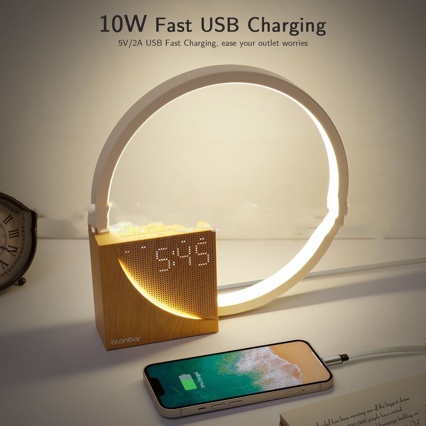 Touch Control Bedside Lamp with Natural Sounds, Alarm Clock & 3-Level Dimmable Light – Modern Nightstand Desk Lamp