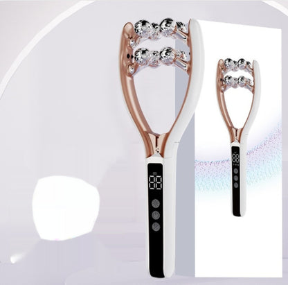 Pair of electronic facial massagers with digital displays on a white background