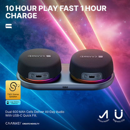 Two black speakers with colorful background and product details text.