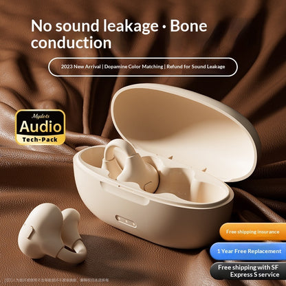 Ear Clip Bluetooth Wireless Headphones - Beige wireless earbuds with charging case on a brown fabric background, featuring text about sound leakage and bone conduction.