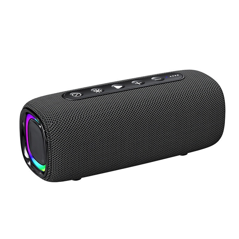 Black portable Bluetooth speaker with colorful LED lights on a white background
