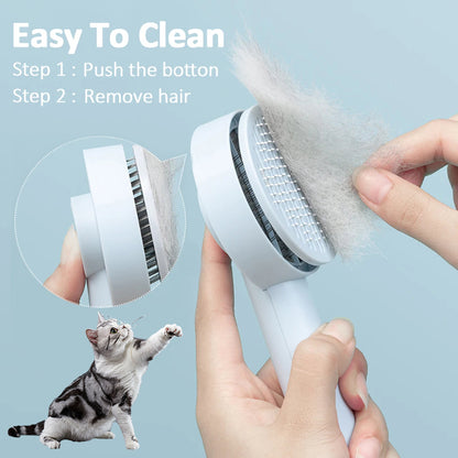 Pet grooming brush with steps to clean and remove hair, featuring a cat and a hand using the brush.