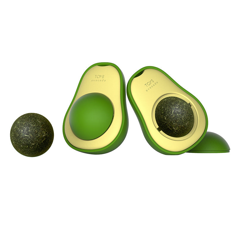 Avocado-shaped toy with a smaller ball-like object on a white background