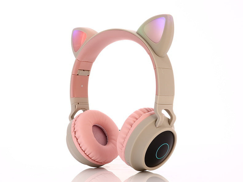 Bluetooth 5.0 Wireless Stereo Headphones - Pink and beige headphones with cat ear design on a white background