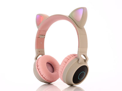 Bluetooth 5.0 Wireless Stereo Headphones - Pink and beige headphones with cat ear design on a white background