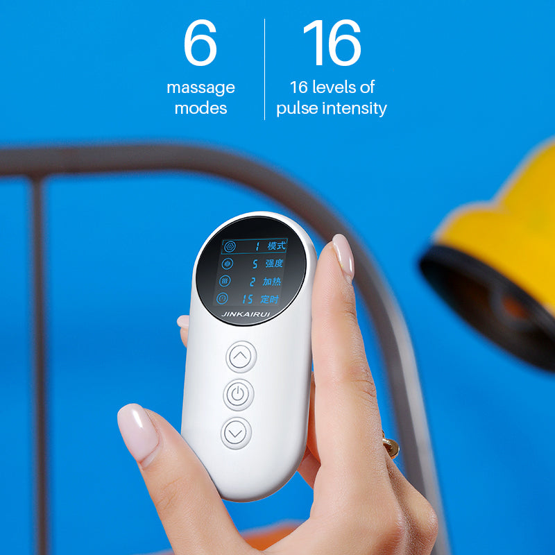 Hand holding a white electronic device with massage functions against a blue background