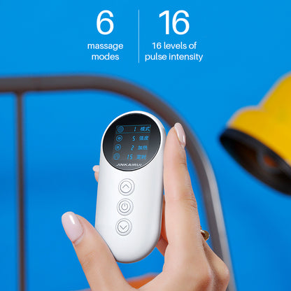 Hand holding a white electronic device with massage functions against a blue background
