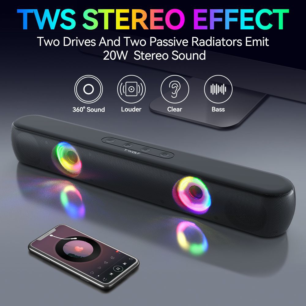 Black soundbar with RGB lights, smartphone, and text about TWS stereo effect on a dark background