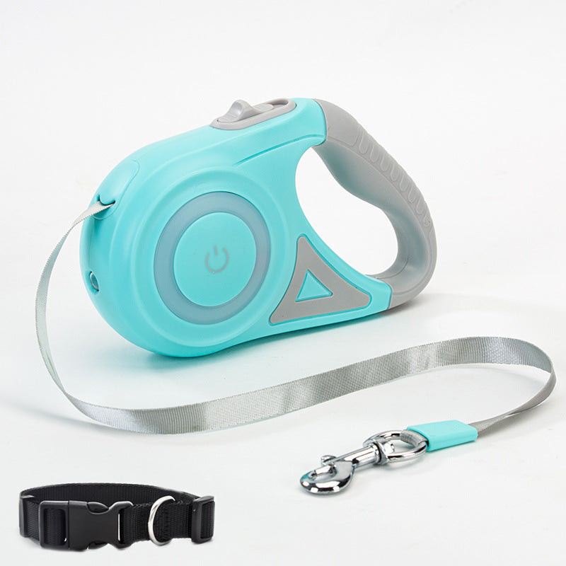 Turquoise retractable dog leash with gray handle and black collar on a white background