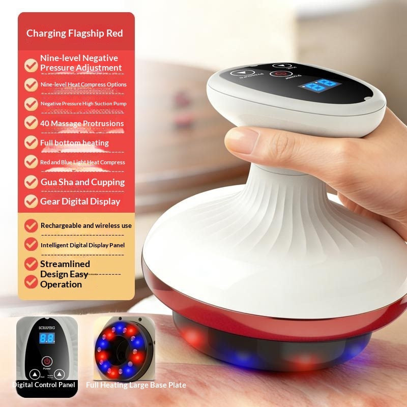 Handheld massage device with digital display and red light therapy, held by a hand.