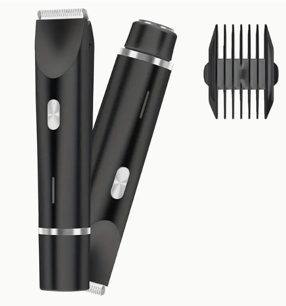 Black hair trimmer set with attachments on a white background