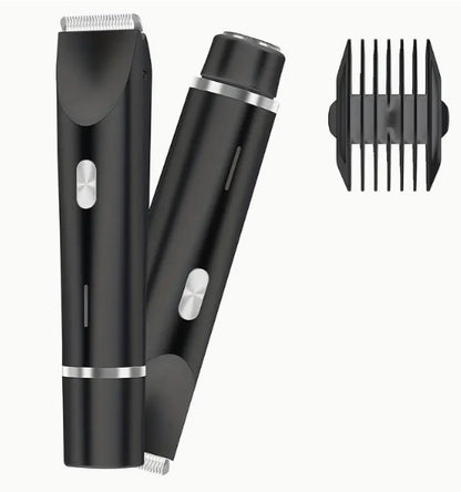 Black hair trimmer set with attachments on a white background