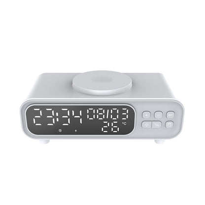 White digital clock with temperature display on a white background