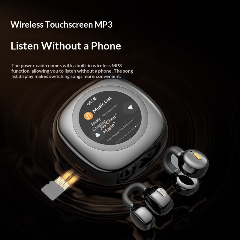 AI Translator Noise Canceling Earbuds - Wireless touchscreen MP3 player with earbuds on a dark background