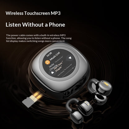 AI Translator Noise Canceling Earbuds - Wireless touchscreen MP3 player with earbuds on a dark background