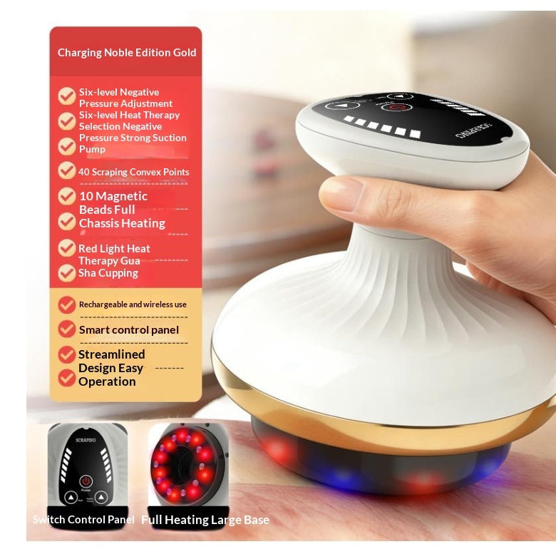 Handheld device with charging cable and features listed on a card, held by a hand.