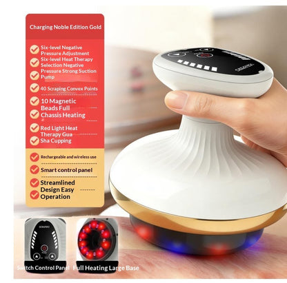 Handheld device with charging cable and features listed on a card, held by a hand.
