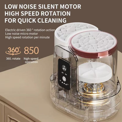 Cleaning device with text highlighting features like low noise silent motor and high speed rotation.