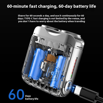 Clear electronic device with blue components and charging cable, featuring text about fast charging and battery life.
