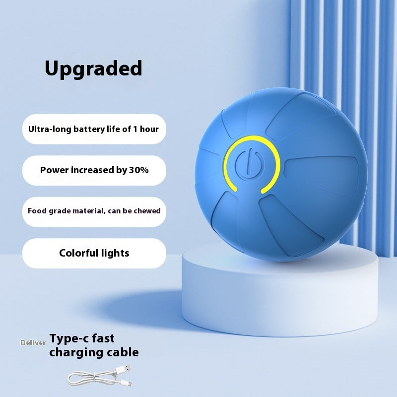 Blue ball with colorful lights on a light blue background, featuring text about its upgraded features.