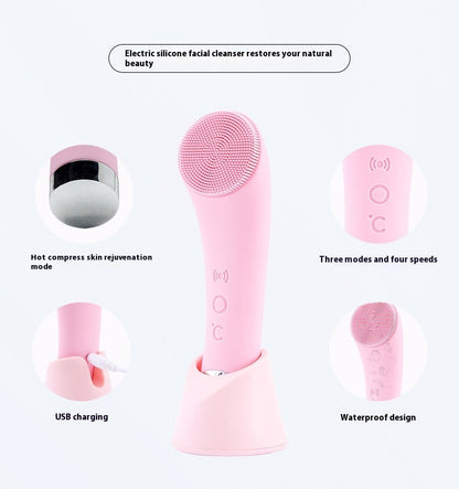 Electric Silicone Face Cleansing Brush, Vibration Heating
