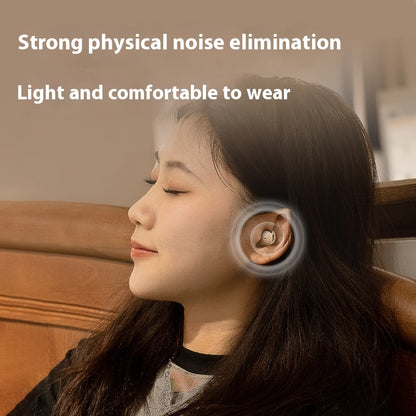 Ultra-Long Battery Bluetooth Sleep Headset - Person wearing earphones with text on noise elimination and comfort