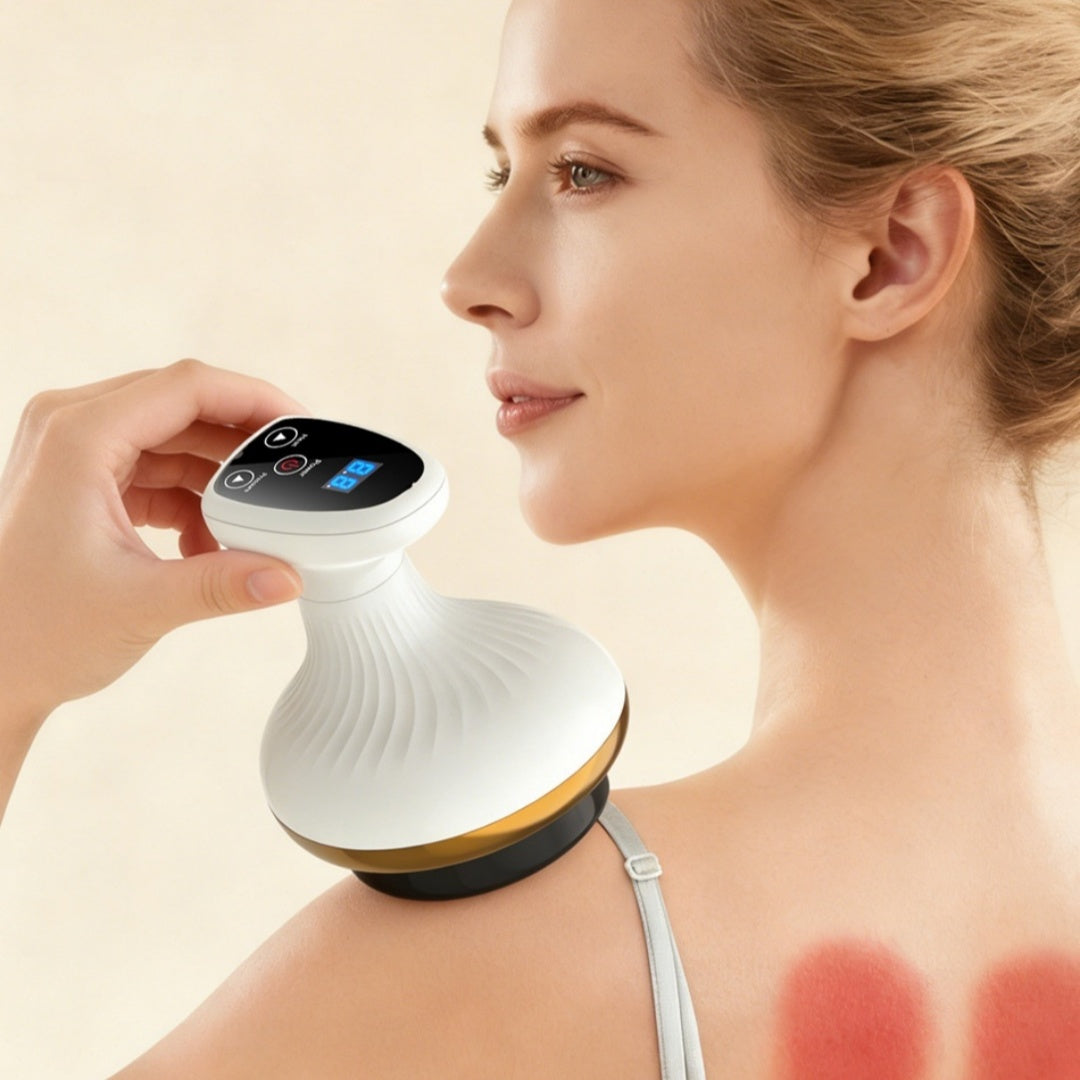 Woman using a white electronic device on her shoulder against a beige background