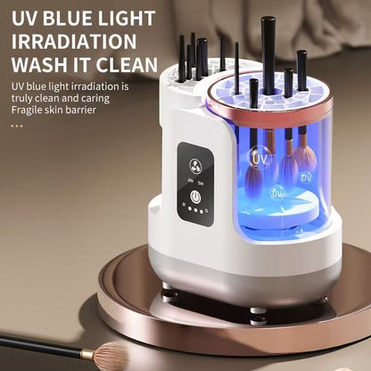UV light sterilizer for makeup brushes with text about UV blue light irradiation.