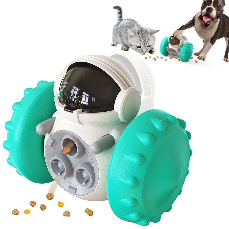 Pet toy with wheels and a camera, surrounded by small animals and scattered treats.