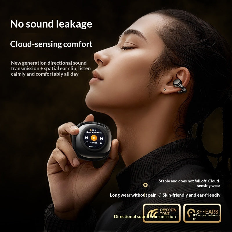 AI Translator Noise Canceling Earbuds - Person wearing earbuds with text about sound leakage and comfort