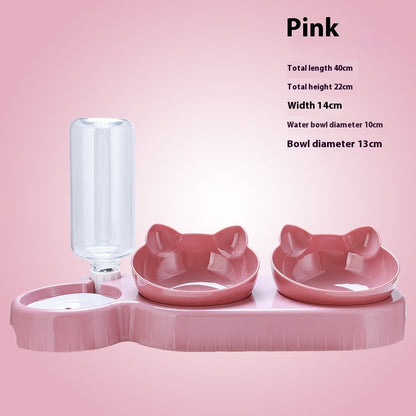 Pink pet water and food bowl set with measurements on a pink background