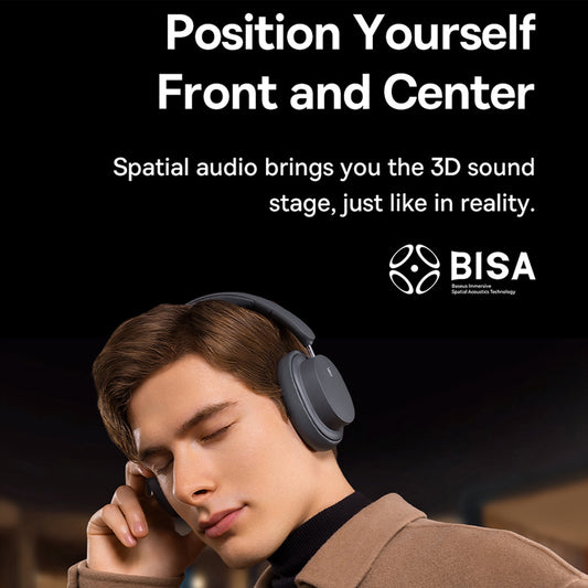 Universal Bluetooth Headset Music Device - Person wearing headphones with text about spatial audio and BISA logo on a dark background