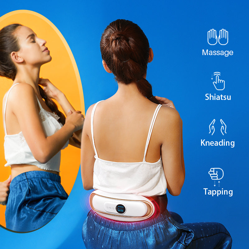 Woman using a massage device on her back with icons for massage, shiatsu, kneading, and tapping on a blue background.