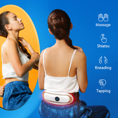 Woman using a massage device on her back with icons for massage, shiatsu, kneading, and tapping on a blue background.