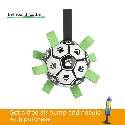 Toy football with bell sound and green tabs on a white background
