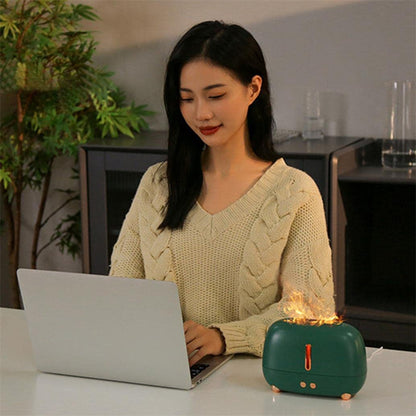 Woman using a laptop with a small green lamp on a table.