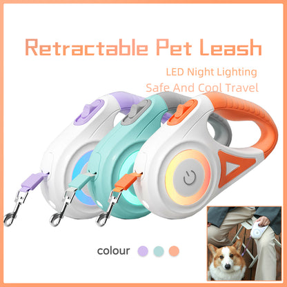 Retractable pet leashes with LED night lighting in various colors on a white background.