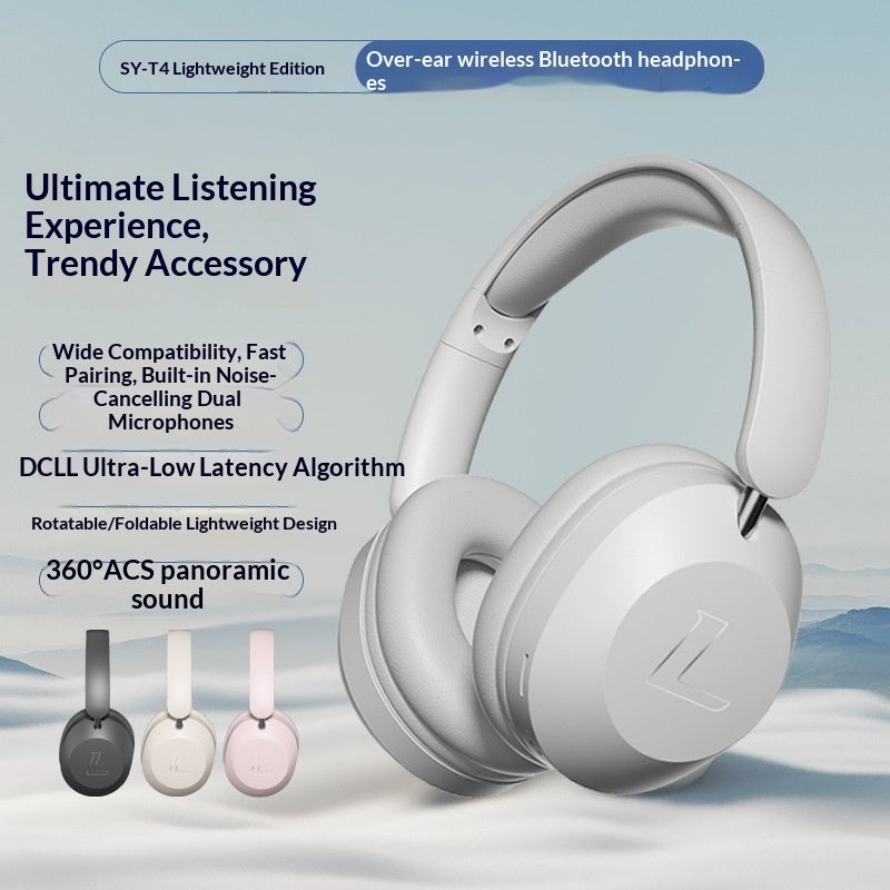 Wireless Gaming Bluetooth Over-Ear Headphones - White over-ear wireless Bluetooth headphones with product features listed on a light blue background