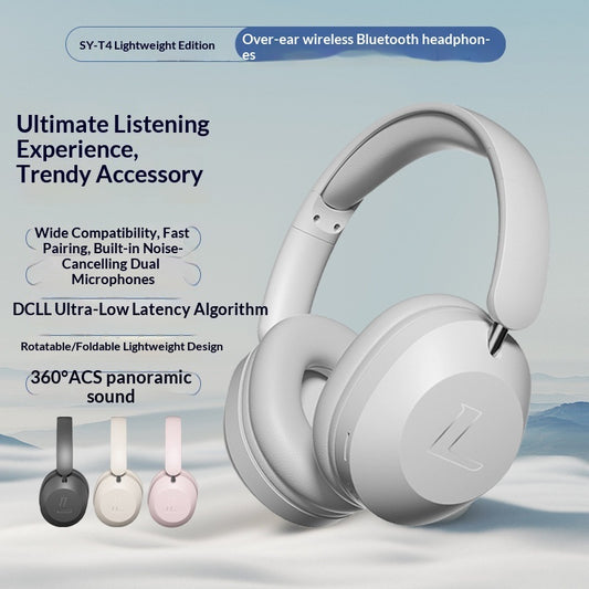 Wireless Gaming Bluetooth Over-Ear Headphones - White over-ear wireless Bluetooth headphones with product features listed on a light blue background