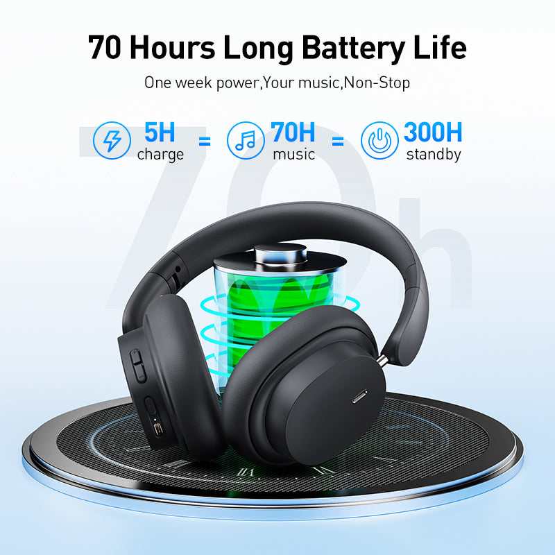 Universal Bluetooth Headset Music Device - Black headphones on a charging stand with battery life information displayed.