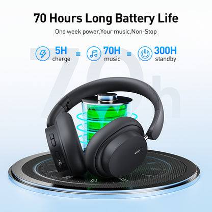 Universal Bluetooth Headset Music Device - Black headphones on a charging stand with battery life information displayed.