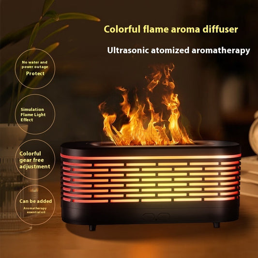 Colorful flame aroma diffuser with text on a dark background